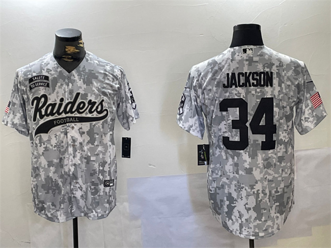 Men's Las Vegas Raiders #34 Bo Jackson 2024 Arctic Camo Salute to Service Stitched Baseball Jersey Men's Las Vegas Raiders #34 Bo Jackson 2024 Arctic Camo Salute to Service Stitched Baseball Jersey